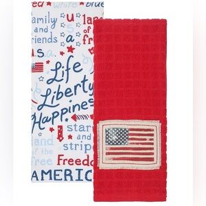 Set of 2 American Flag Patch Kitchen Towels Patriotic Phrases Images Fireworks